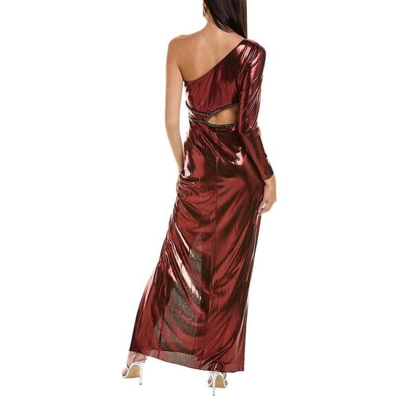 Marchesa Notte One-Shoulder slit Gown Metallic Red Cut Out Maxi Midi Dress 8 NWT - Picture 16 of 17